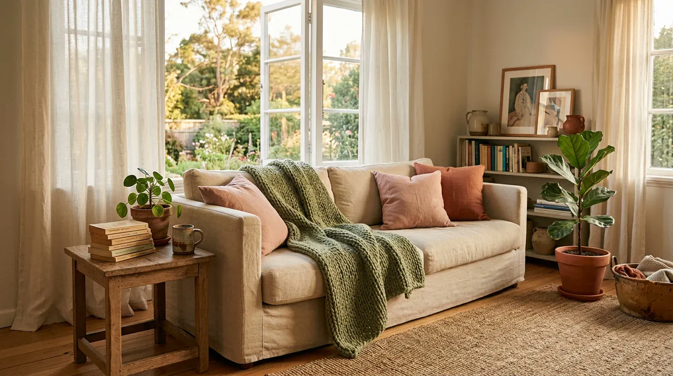 A warm, cozy living room in soft golden-hour light, with a linen sofa, a knitted throw, houseplants, and an open window catching late afternoon sun.