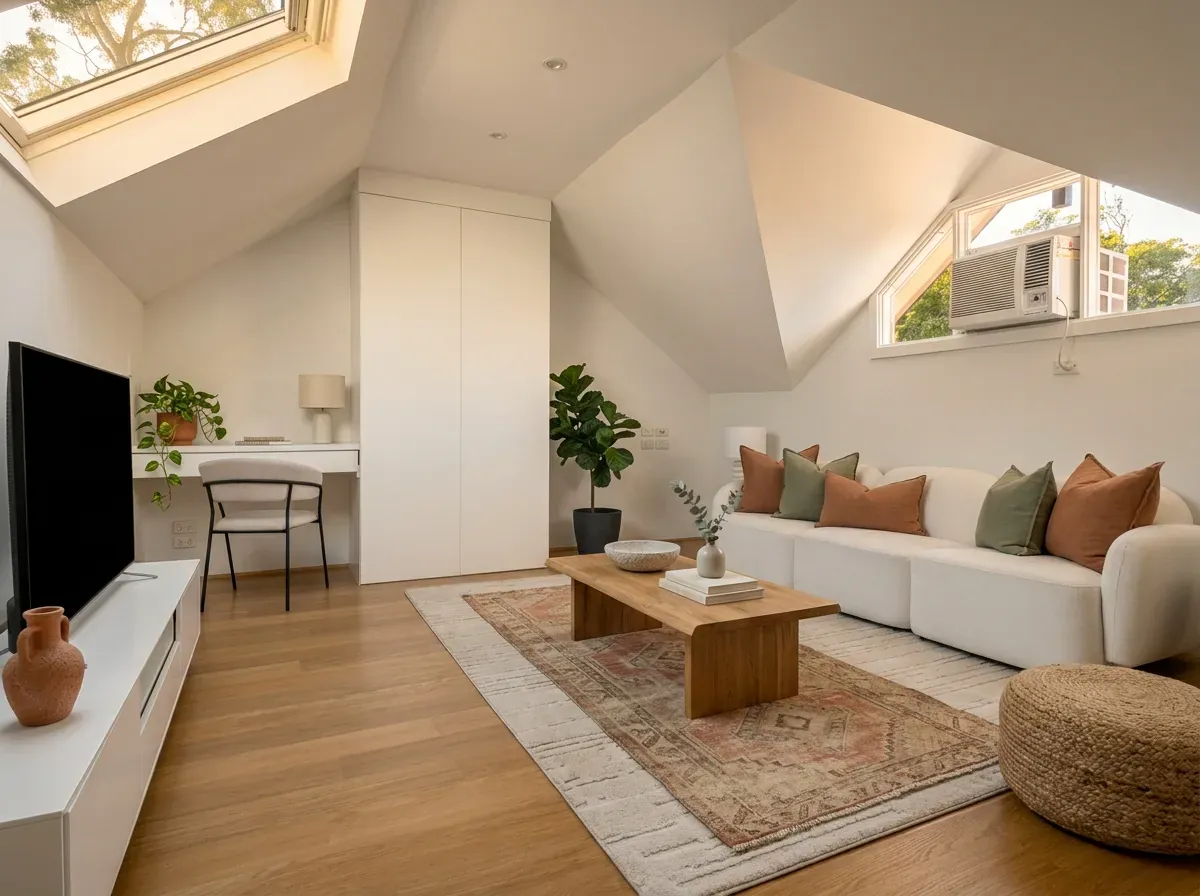 The same room with sage and terracotta pillows on the sofa, a layered kilim runner over the cream rug, an oak coffee table with a stoneware bowl, a fiddle-leaf fig by the desk, and a terracotta amphora on the TV cabinet.