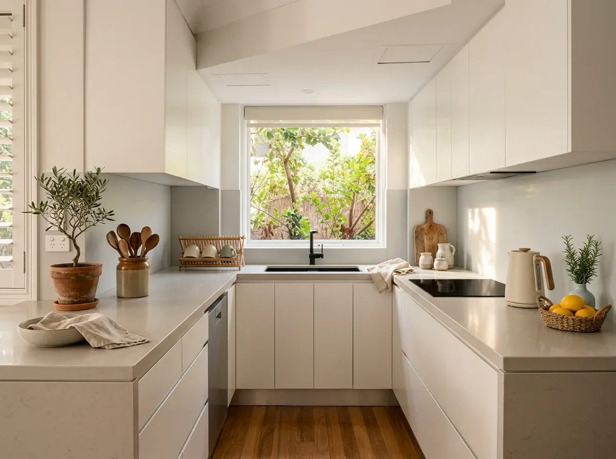 The same kitchen styled with an olive tree in a terracotta pot, wooden utensils in a stoneware crock, a cream kettle, lemons in a basket, and rosemary in a bud vase.